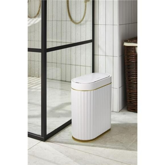 Motion Sensor Trash Can 2 Gallon White Gold Slim Bathroom Kitchen Office Bin - Picture 2 of 7